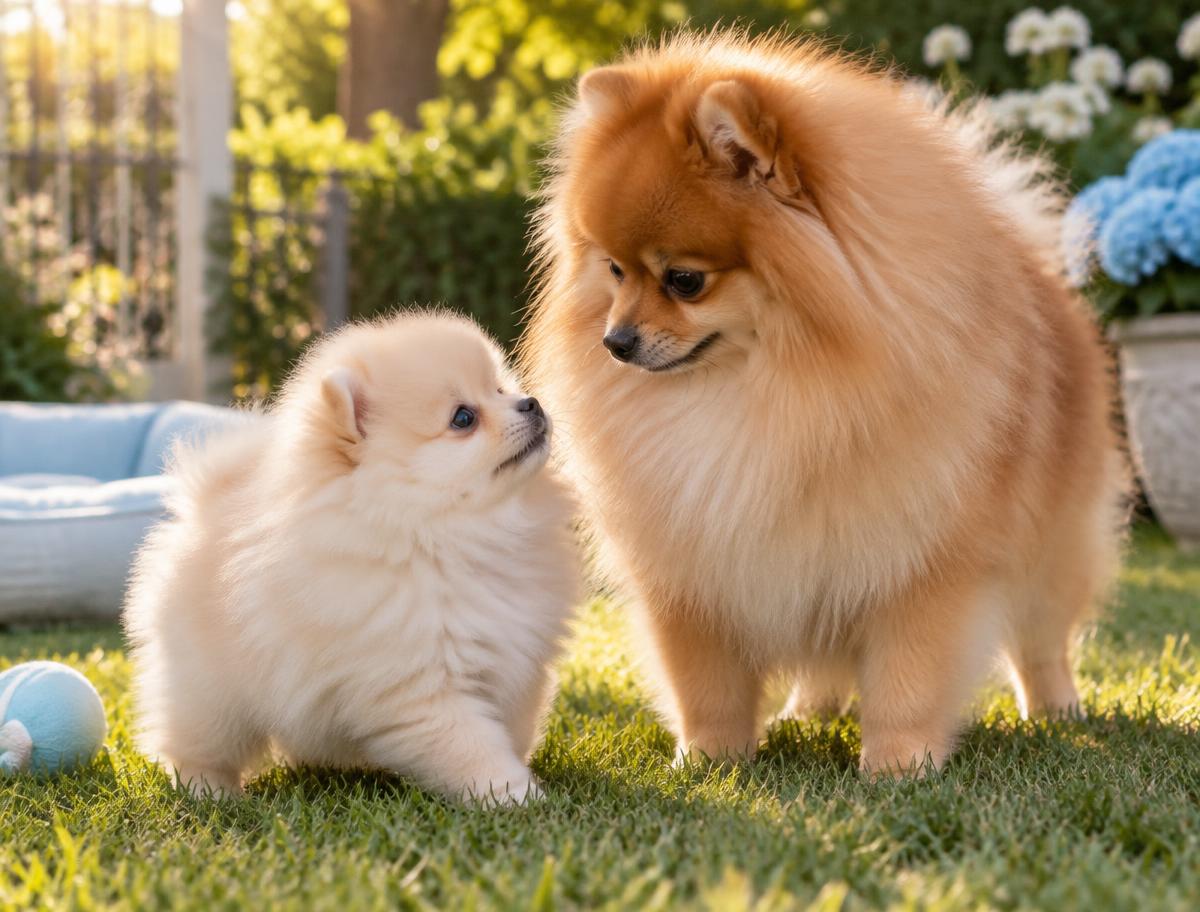 Lulu da Pomerânia filhote e adulto juntos