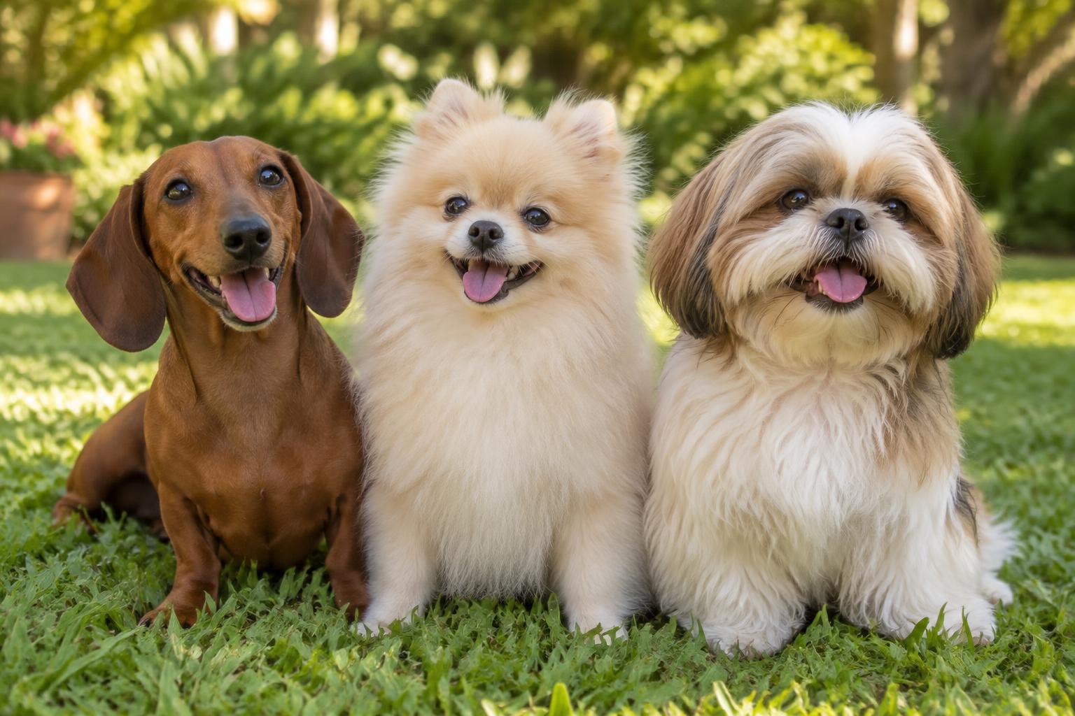 Dachshund, Lulu da Pomerânia e Shih Tzu juntos no gramado